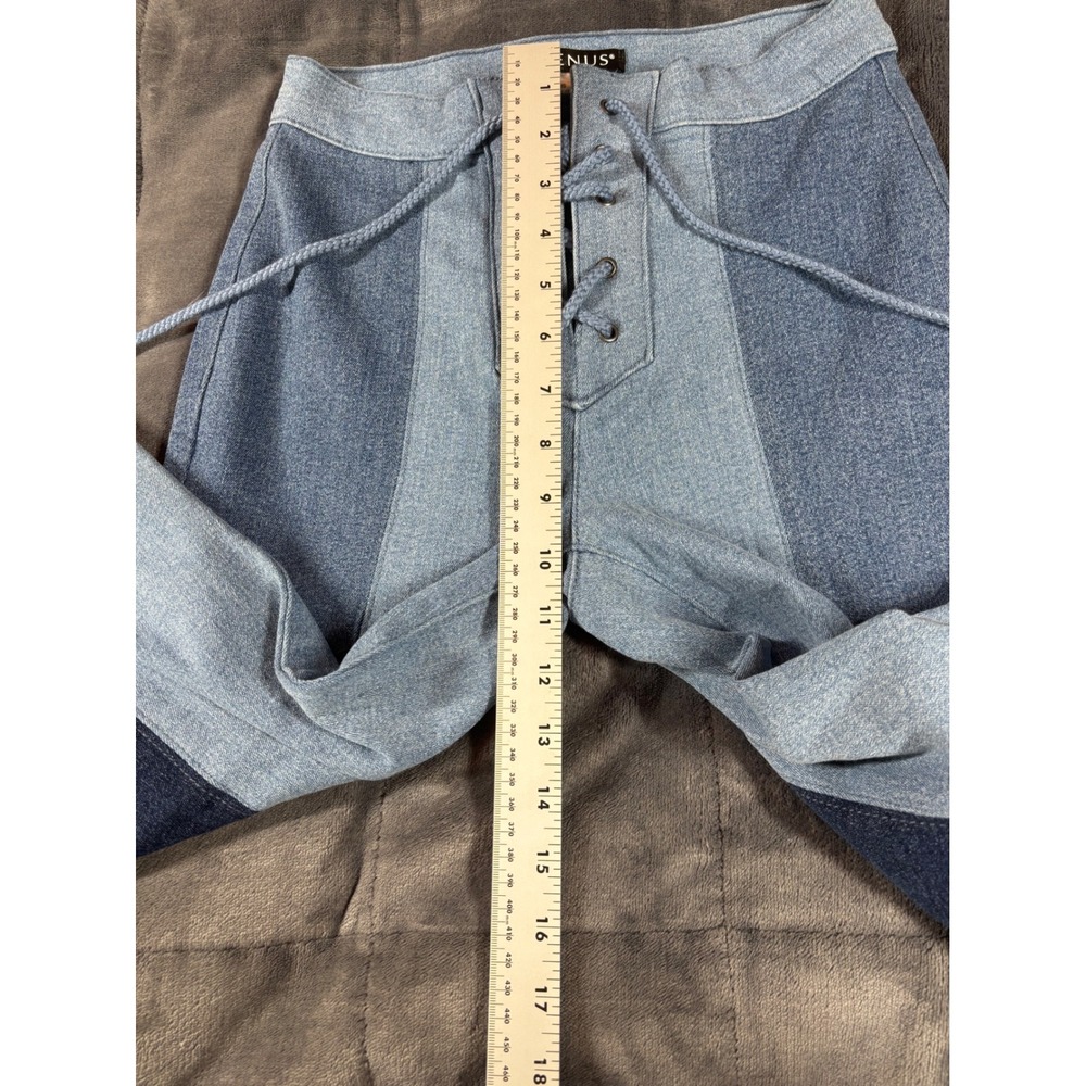 Venus Patchwork Bell Bottom Flare Jeans Blue Lace Up High Rise Womens Size 4 - Picture 7 of 14